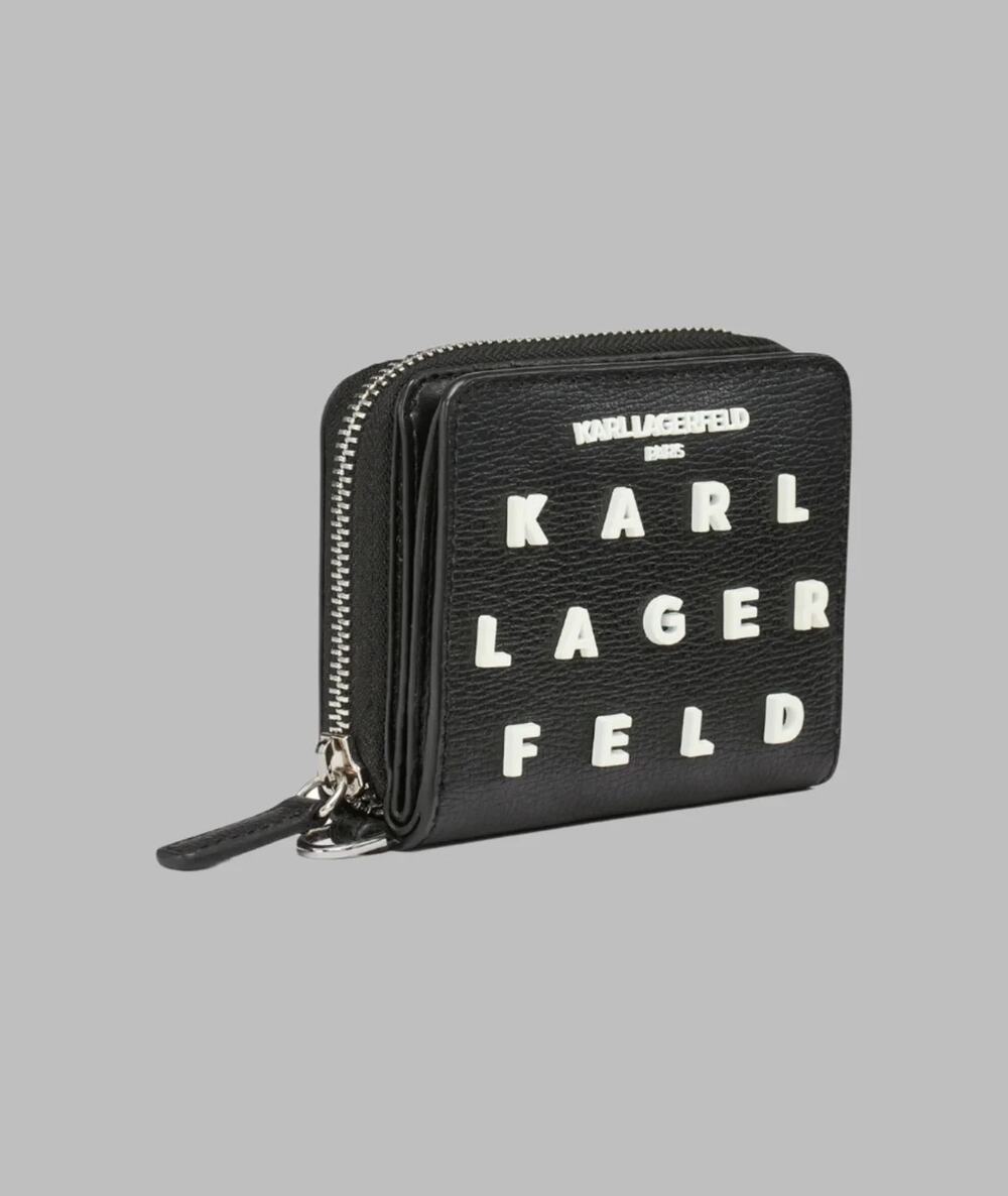 Karl Lagerfeld Jacqueline Black Leather White Lettering Baddie Wristlet Wallet